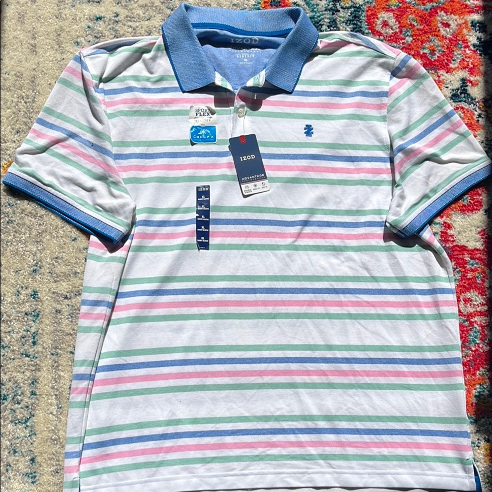Izod Men's Polo Shirt - Blue, Pink, and Green Stripes